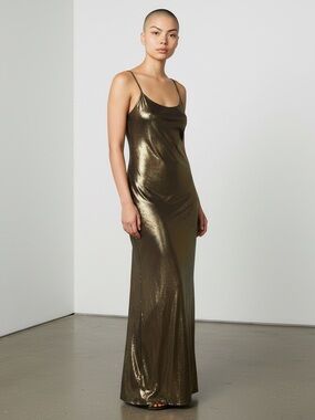 Gold Metallic Slip Maxi Dress - Women's Evening Dress
